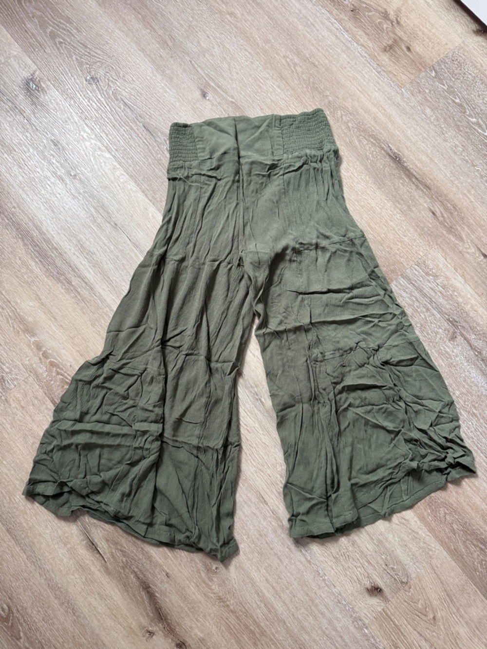 Olive Green cropped Wide Leg Smocked Waist Pants